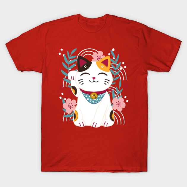 Japanese Lucky Cat With Cherry Blossoms T-Shirt by Serena Archetti